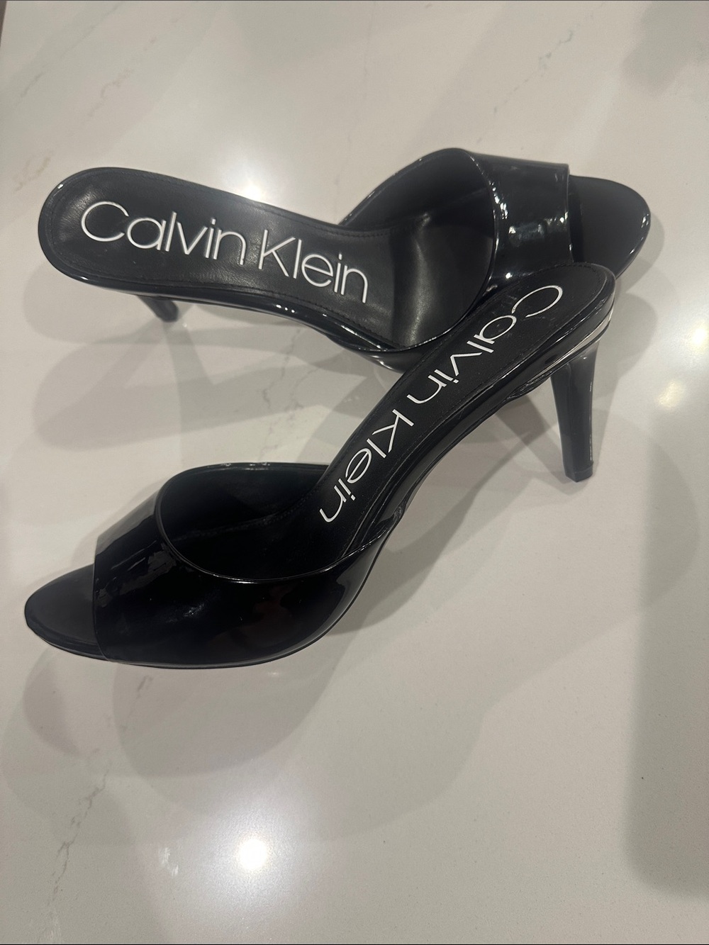 Calvin Klein shiny black slide heel kitten heels size 9